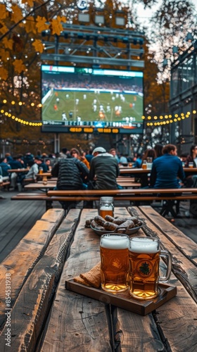 Wallpaper Mural Pints and snacks in a festive beer garden in the background you can see a blurry screen with a soccer match Torontodigital.ca