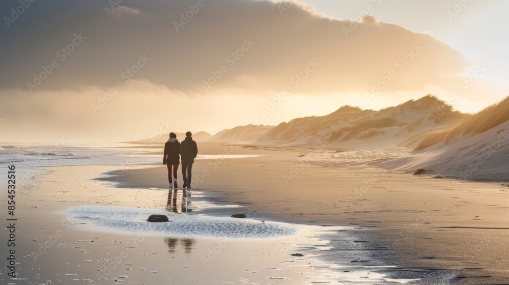 Naklejka premium Romantic Morning Beach Stroll of a couple on a blurry background