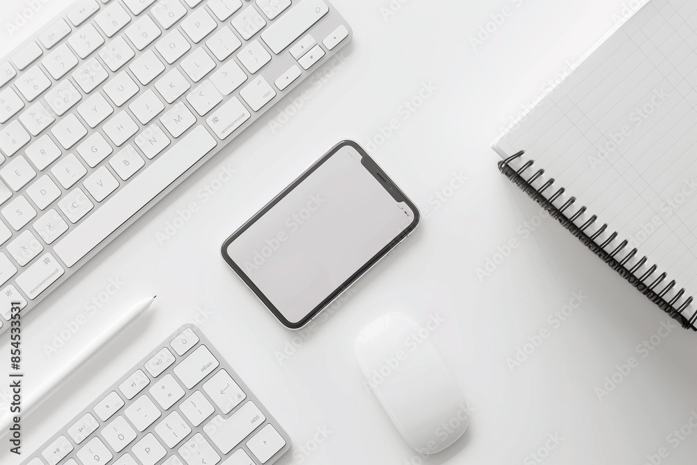 A white phone sits on a desk next to a keyboard and a mouse. The scene suggests a sense of productivity and focus A white phone sits on a desk next to a keyboard and a mouse. The scene suggests a sense of productivity and focus