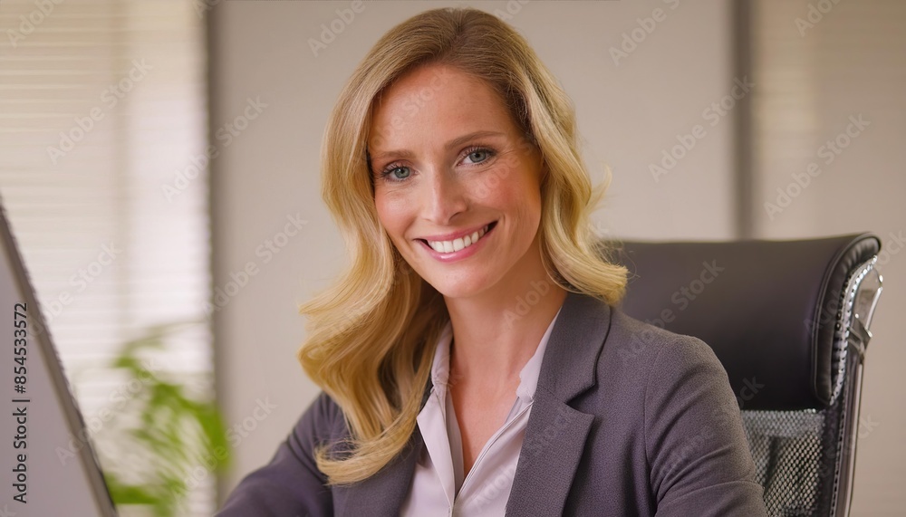 businesswoman smiles at the camera while sitting at her desk in front of the computer businesswoman smiles at the camera while sitting at her desk in front of the computer