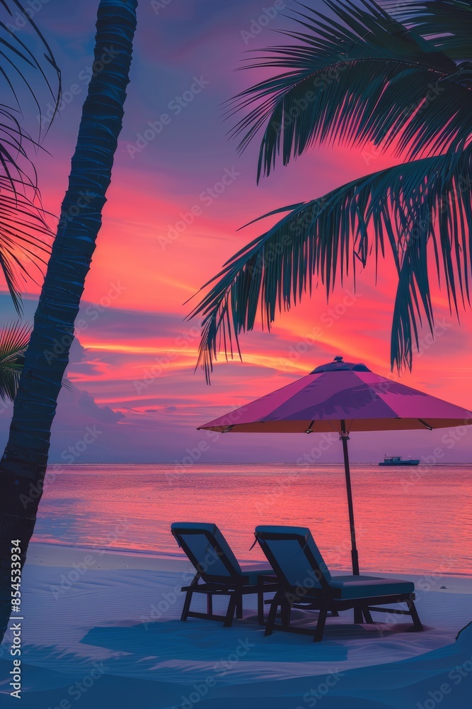 Fototapeta premium Tropical Sunset Serenity: Beach Vacation Vibes against a blurry background of beach and sky