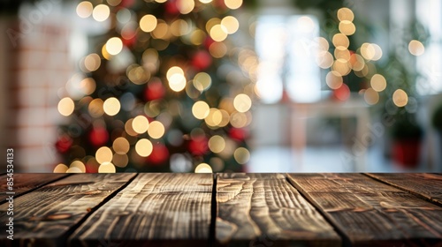 Wood table top and blur of room with a christmas tree on background