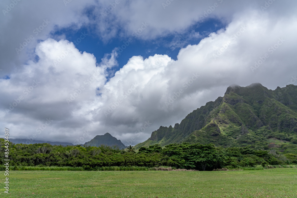 Obraz premium Kualoa Regional Park Kualoa Regional Park, Koʻolau Range is a name given to the dormant fragmented remnant of the eastern or windward shield volcano of the Hawaiian island of Oʻahu. 