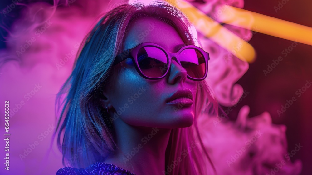 The woman in neon sunglasses. The woman in neon sunglasses.