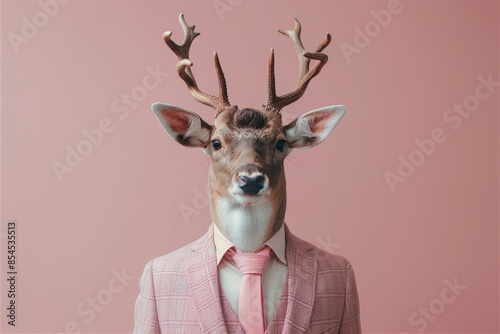 A Fallow Deer in a tailored business suit, standing against a soft pastel background, AI Generative