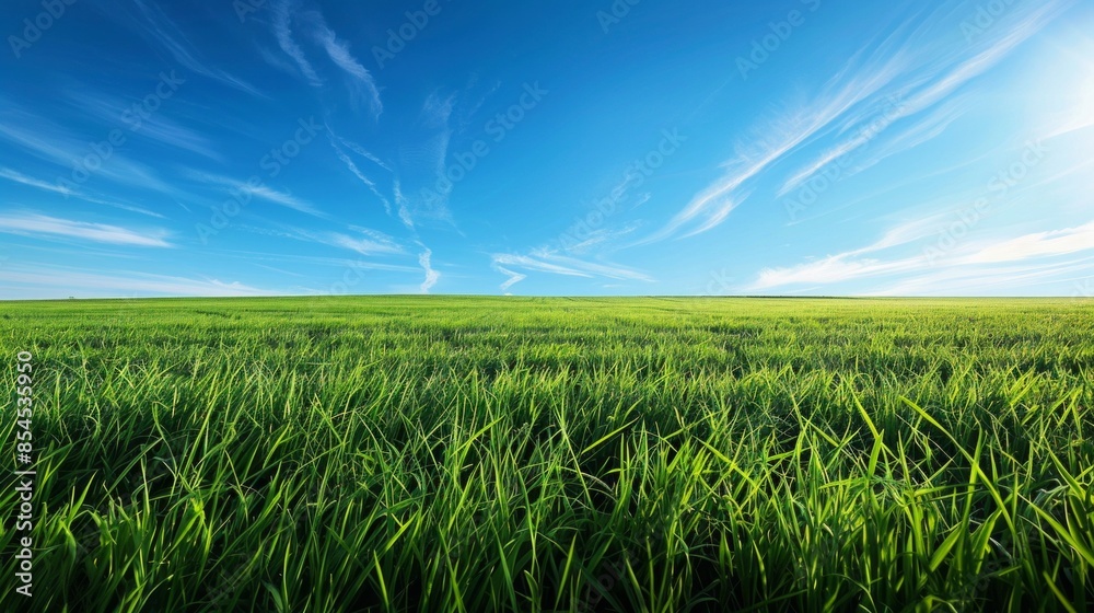 A vibrant and lush green grass meadow stretches towards the horizon under a clear blue sky, AI Generative A vibrant and lush green grass meadow stretches towards the horizon under a clear blue sky, AI Generative