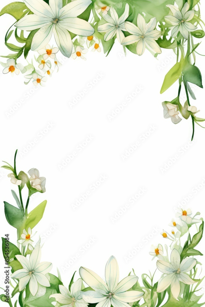 edelweiss themed frame or border for photos .with small white flowers and green leaves. watercolor illustration, white color background.