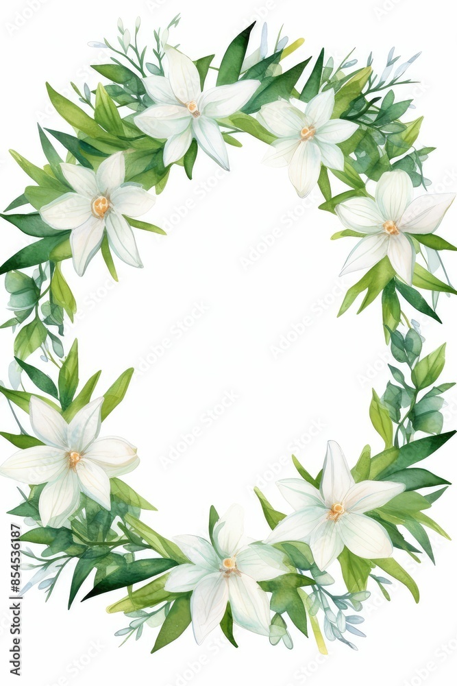 Obraz premium edelweiss themed frame or border for photos .with small white flowers and green leaves. watercolor illustration, white color background.