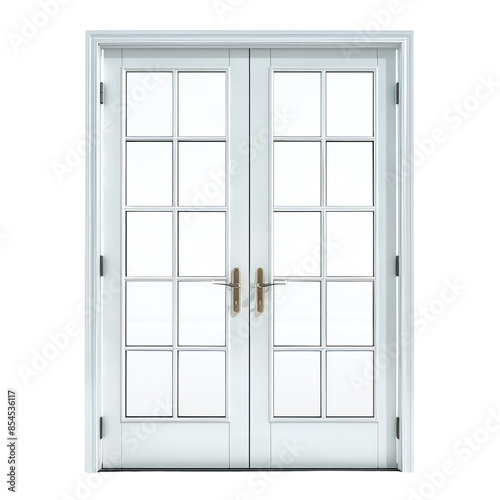 Modern white French doors with glass panels, providing an elegant and bright entryway to any home. Suitable for interior or exterior use.