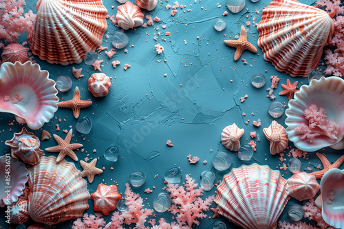 Top view of summer background and frame with copy space of turquoize water, seashells and flowers. photo