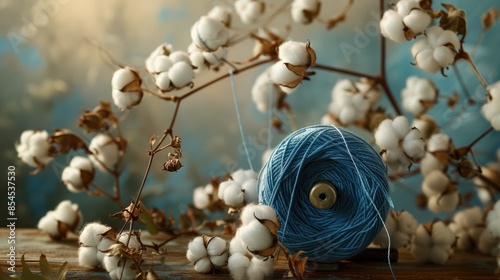 Cotton bolls with blue yarn reel representing agricultural crop and raw material photo