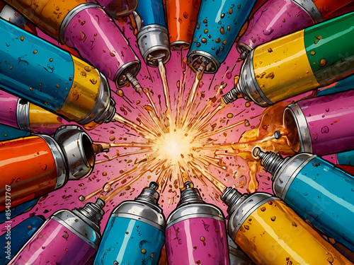 An illustration of isobutane being used as a propellant in aerosol cans, with an emphasis on the internal mechanisms and spray pattern. photo