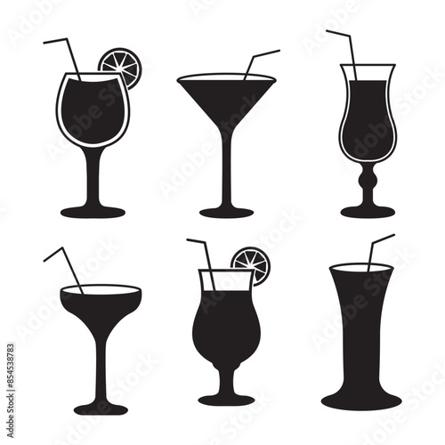 Cocktail icon set. Alcoholic cocktails icons, Martini cocktail with umbrella and olive in classic glass. Set of Black and white vector icons, Icons set for restaurant, pub, bar. Vector illustration