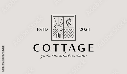 Cottage Pine Tree Logo Template. Universal creative premium symbol. Vector illustration. Creative Minimal design template. Symbol for Corporate Business Identity