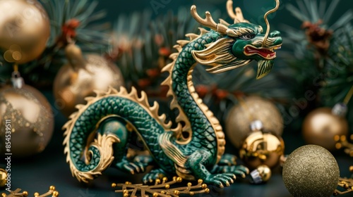 Wallpaper Mural Decorative Green Dragon Figurine with Golden Christmas Ornaments, Generative AI Torontodigital.ca