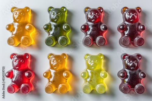 An array of gummy bears in a mix of red, green, yellow, and orange, spread out on a white background.  photo