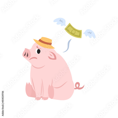 お金を無くした豚。フラットなベクターイラスト。
A pig without money. Flat vector illustration.