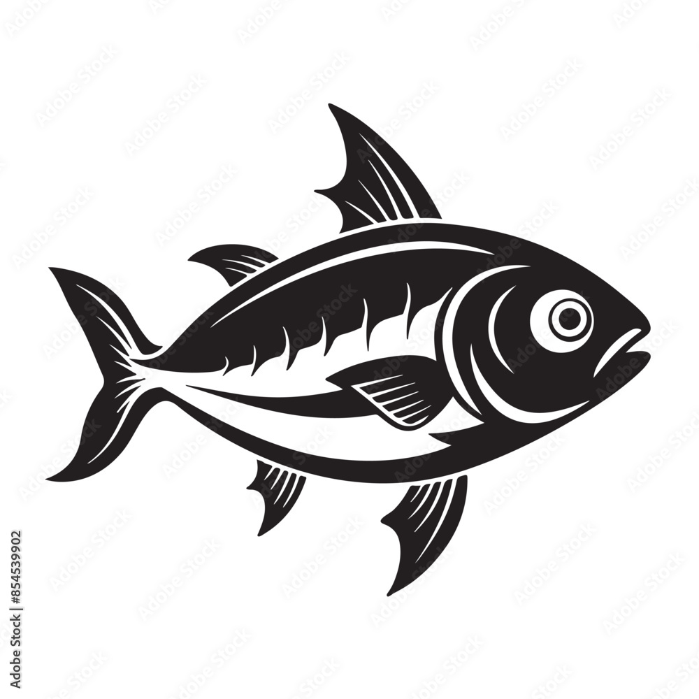 Fish Silhouette. Fish silhouette in line art style. Fish by hand drawing. Fish tattoo on white background. Black and white fish on white background. Marine animal illustration. Marine life animal.