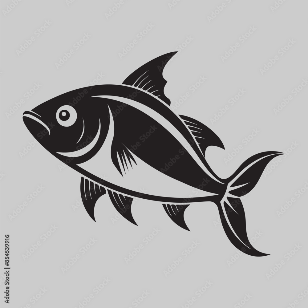 Fototapeta premium Fish Silhouette. Fish silhouette in line art style. Fish by hand drawing. Fish tattoo on white background. Black and white fish on white background. Marine animal illustration. Marine life animal.