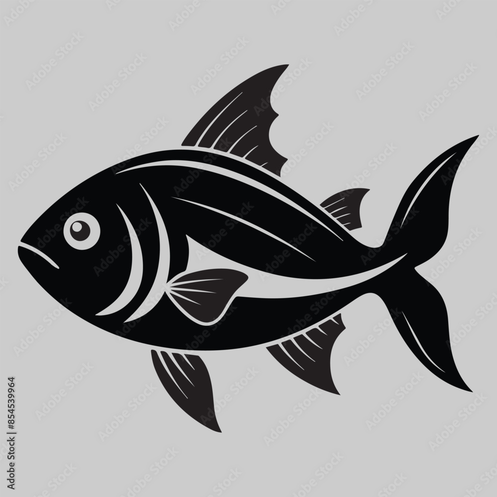 Fototapeta premium Fish Silhouette. Fish silhouette in line art style. Fish by hand drawing. Fish tattoo on white background. Black and white fish on white background. Marine animal illustration. Marine life animal.