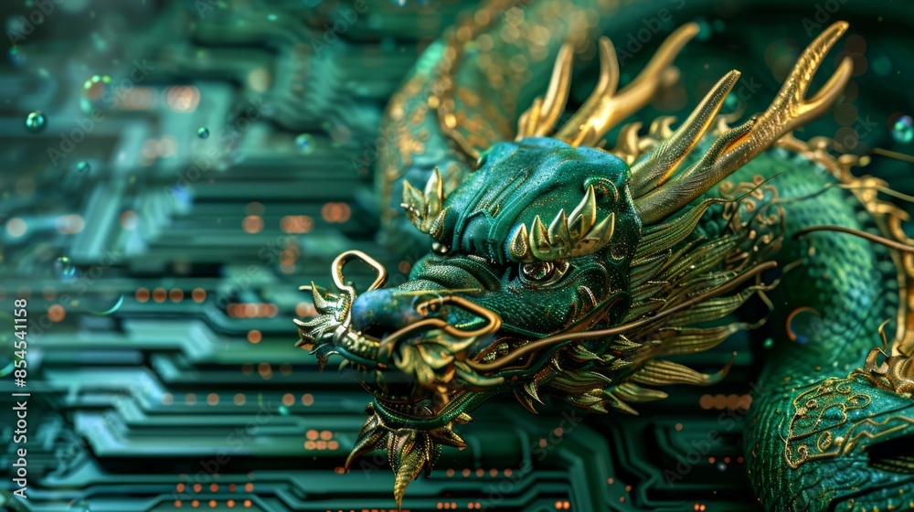 Cyber Dragon on Circuit Board, Generative AI Cyber Dragon on Circuit Board, Generative AI