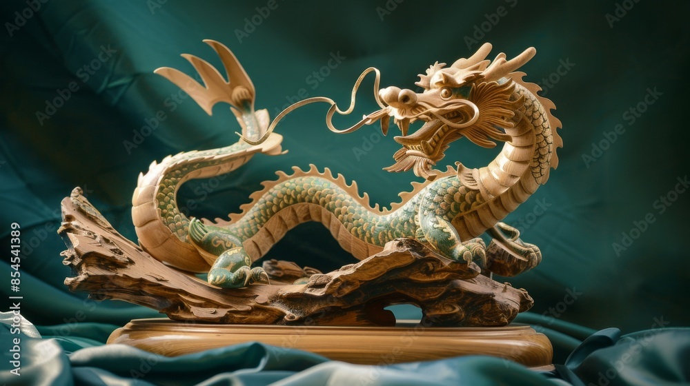 Fototapeta premium Intricate Wooden Dragon Sculpture on Teal Fabric, Generative AI