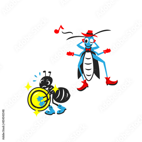 お金を運ぶアリと遊び暮らすキリギリス。シンプルなベクターイラスト。
An ant carrying money and a grasshopper living leisurely. Simple vector illustration.