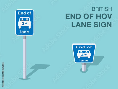 Traffic regulation rules. Isolated British "end of hov lane" road sign. Front and top view. Flat vector illustration template.