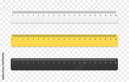 Set of realistic vector rulers png. Yellow, white, black ruler. Twenty centimeter ruler. School supplies png.
