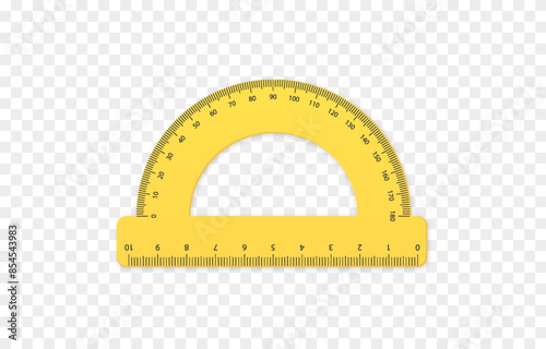 Realistic vector protractor png. Yellow protractor. Centimeters, degrees. School supplies png.