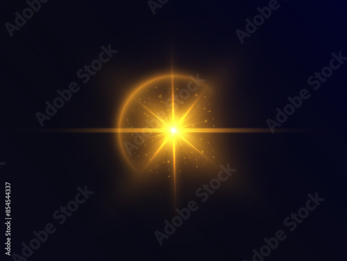 The PNG light effect is a bright yellow light with many specular reflections, a translucent reflection of a light lens. Light effect for art design. Vector 10 EPS