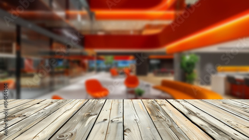 Table top against a blurred background of a modern hotel lobby, creating an ideal canvas for showcasing advertising products and hosting presentations on the table.