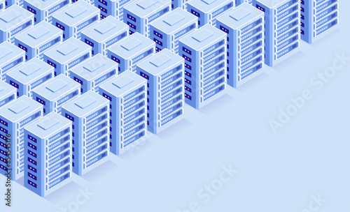 Data servers - Big data server park with rows of technology towers for network cloud and internet storage. Isometric view vector illustration