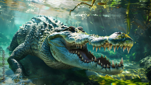 The crocodile is swimming in swamp ecology environment reptilian lurking water background photo