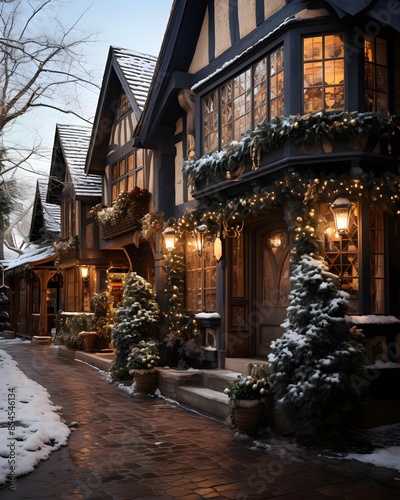 Beautiful old houses in winter with snow and glowing garlands.
