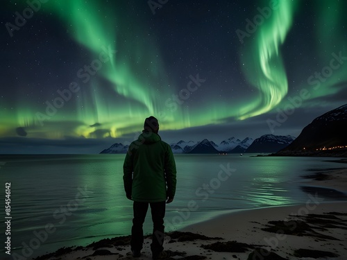 The back of a man on the beach in Nordland Norway Watching the green northern lights light up the sky. The swirling aurora lights create a magical atmosphere. Reflected from the calm sea