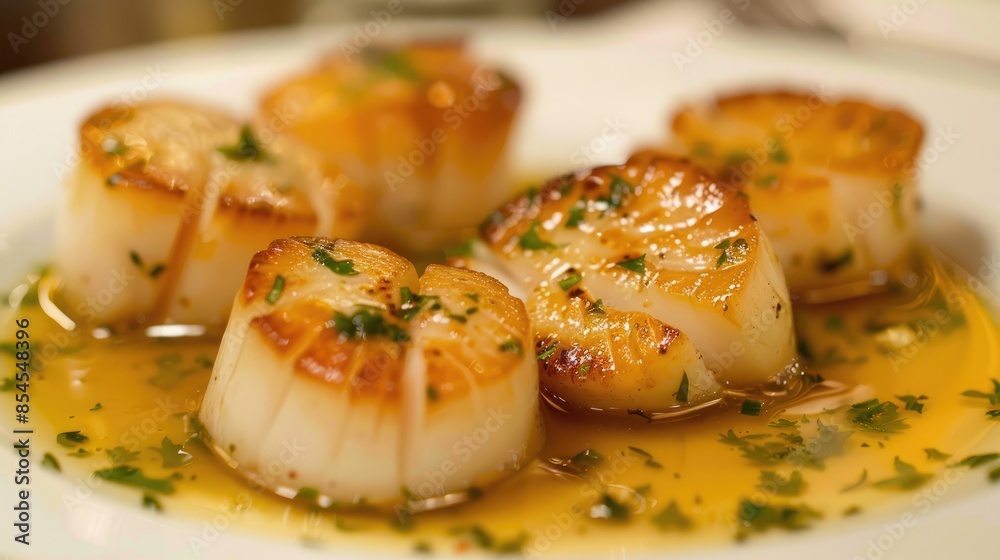 Scallops in sauce served on a white plate Scallops in sauce served on a white plate