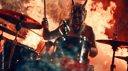 A mischievous devil energetically plays drums in the fiery depths of hell
