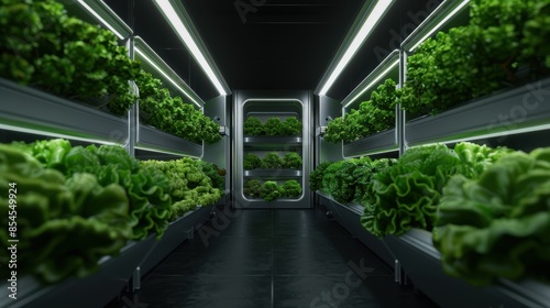 Futuristic indoor vertical farm with lush greenery