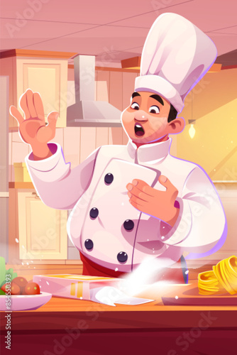 Chief man surprised at home kitchen illustration. Flour package fall on wood counter inside apartment scene. Indoor cooking design with sunlight from window. Problem emotion expression for character