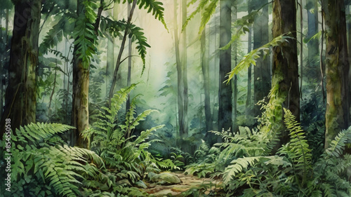 Watercolor painting: The lush greenery of a fern-covered forest floor, its damp environment and prehistoric origins a window into the past,