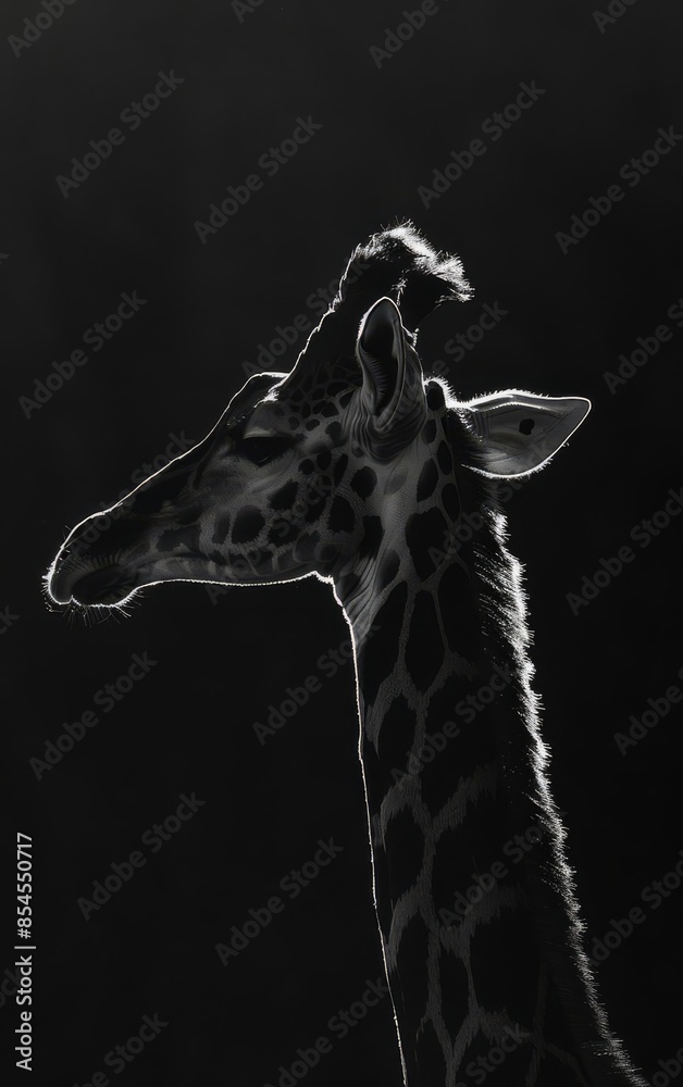 Obraz premium A giraffe's head and neck silhouetted against a dark background. The animal's long neck and patterned skin are visible.
