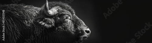 Close-up of a bison's head in black and white. photo