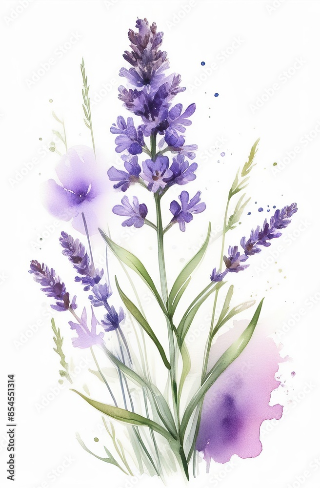 Fototapeta premium Lavender watercolor background. Delicate flower bouquet on a white background. Spring-summer banner template