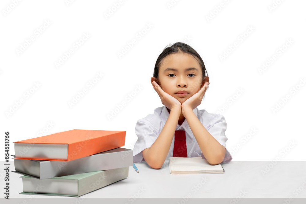 Portrait of an Asian elementary school student girl with a stack of books on the table tired of learning Portrait of an Asian elementary school student girl with a stack of books on the table tired of learning
