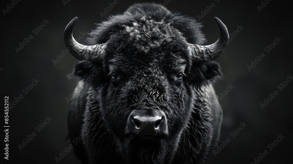 Naklejka premium A majestic black bull with large horns stares intently at the camera, its powerful presence filling the frame.