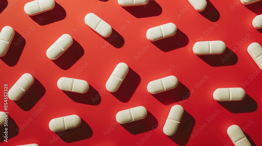 White Medication Tablets on Bold Red Background in Retro 80s and 90s Style with Strong Lighting and Sharp Shadows Overhead Shot High Quality Image White Medication Tablets on Bold Red Background in Retro 80s and 90s Style with Strong Lighting and Sharp Shadows Overhead Shot High Quality Image