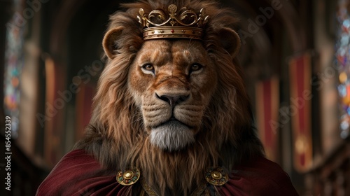 Majestic lion wearing a golden crown