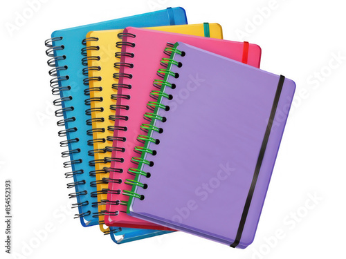 Colorful spiral-bound notebooks stacked in overlapping arrangement on a PNG Transparent Background