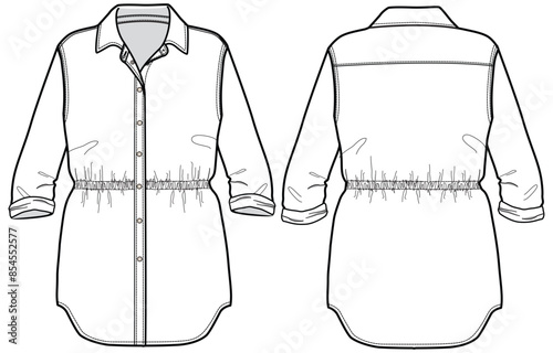 Women woven shirt tunic dress design with pocket flat sketch fashion illustration with front and back view. Long sleeve curved hem shirt dress drawing vector template